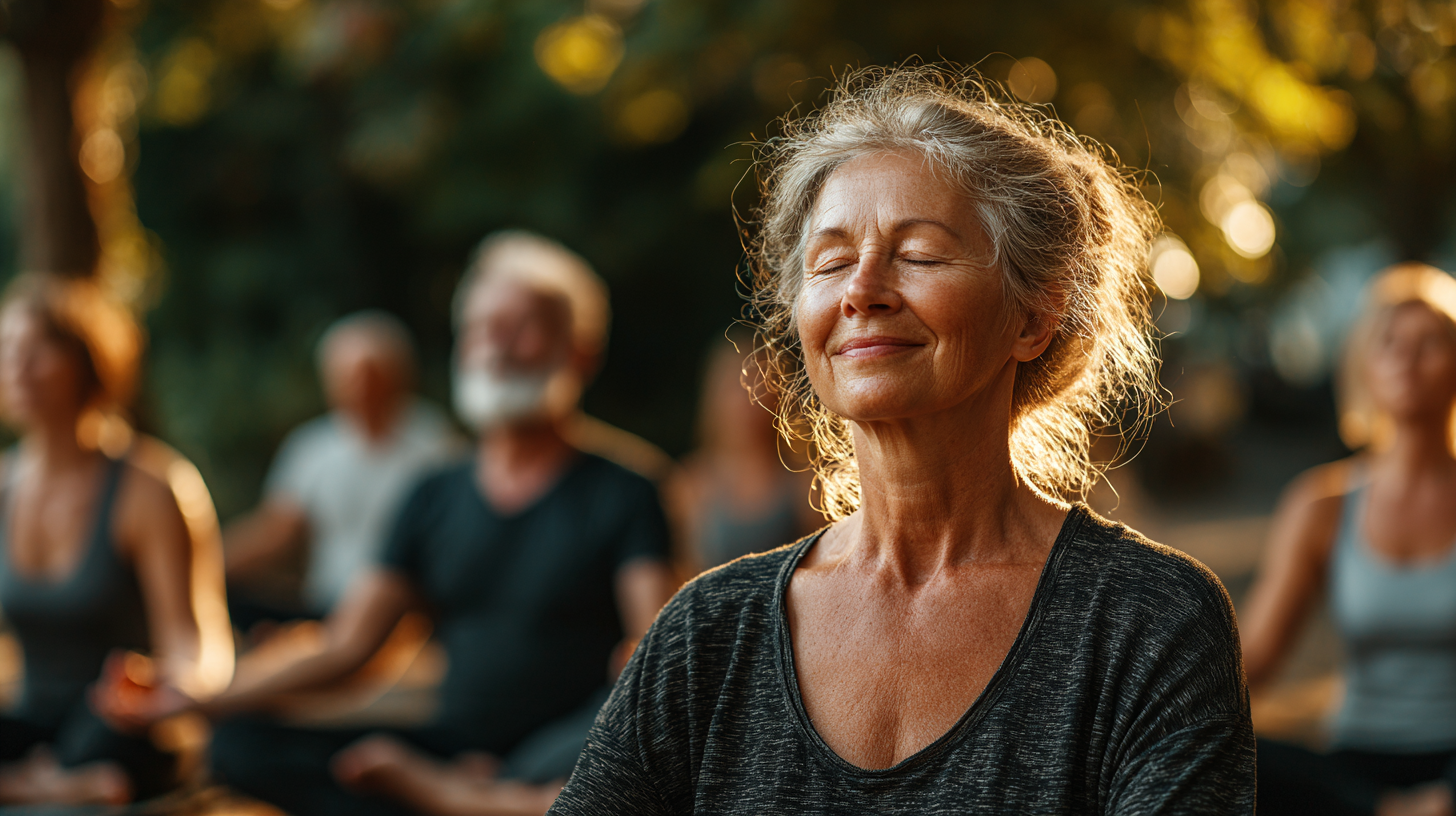 Група людей практикує йогу та творчі вправи на природі